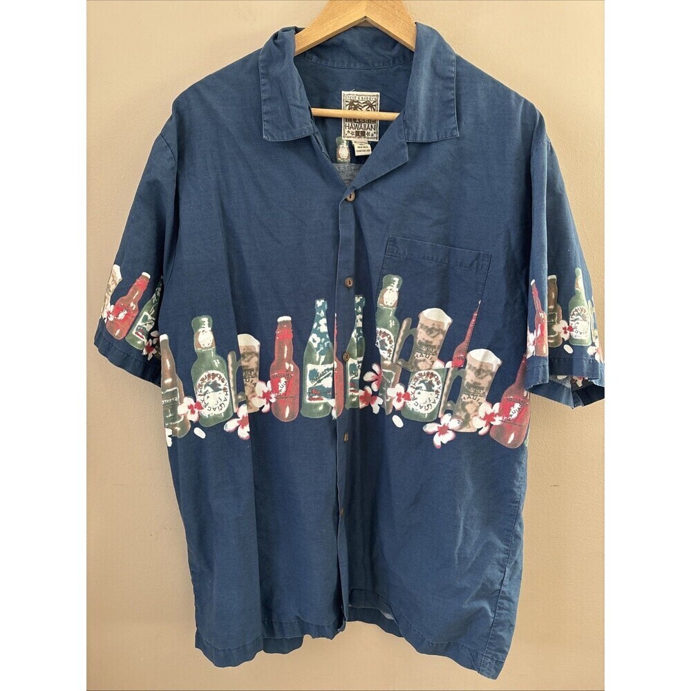 Steve & Barry’s Men’s L Blue Hawaiian Shirt Beer Bottles Aloha Party Fun